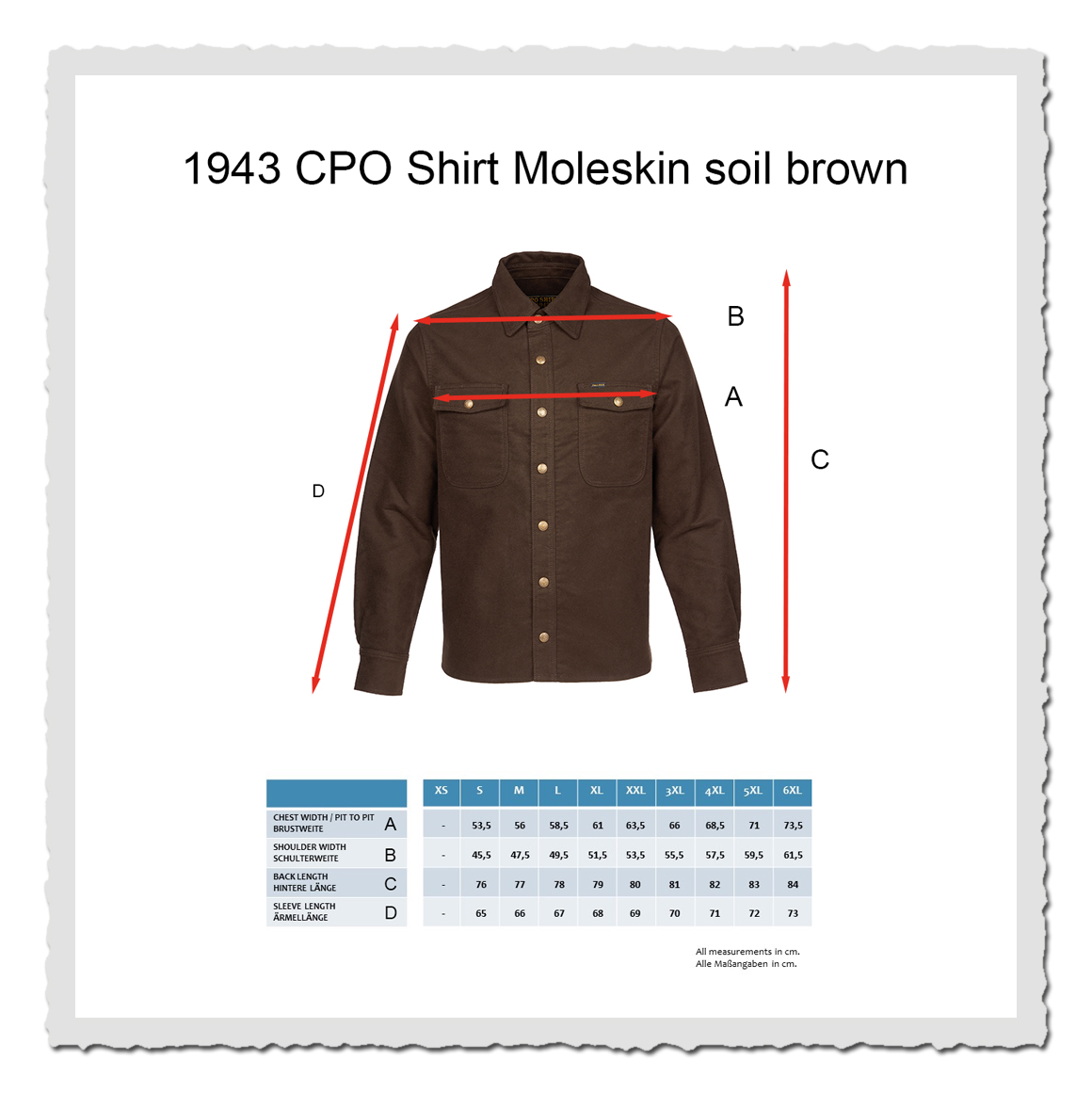 Masstabelle vom Pike Brothers 1943 Hemd braun – Heritage Military Shirt